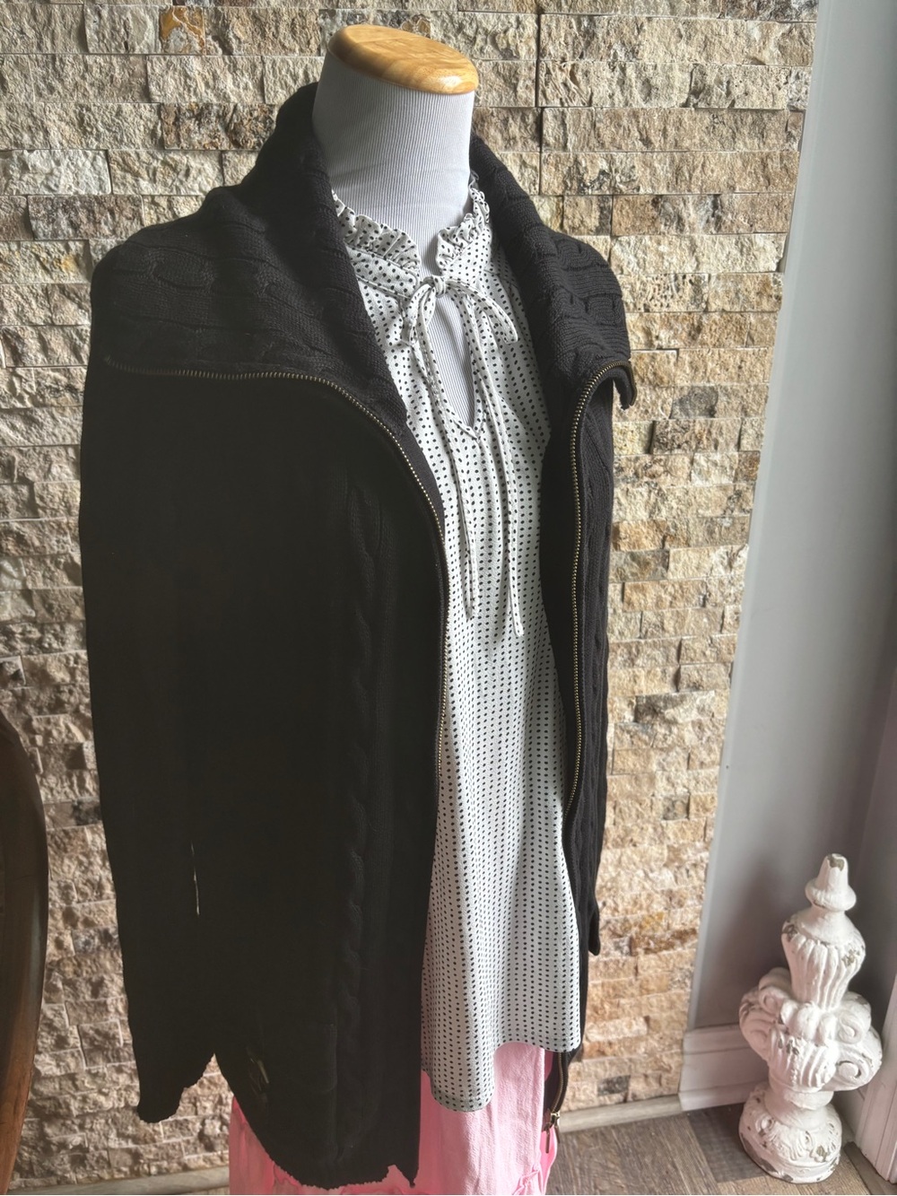 Lauren Ralph Lauren Black Zip Shawl-Collar Cardigan